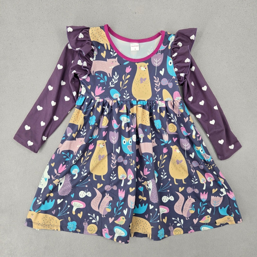Penelope Plumm Girls 5 Dress Woodland Animal Heart Ruffle Whimsical Purple